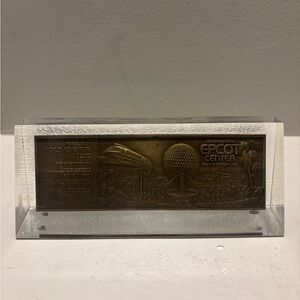1980s EPCOT Bronze Commemorative  
Ticket Paperweight Lucite Disney #0672/2500